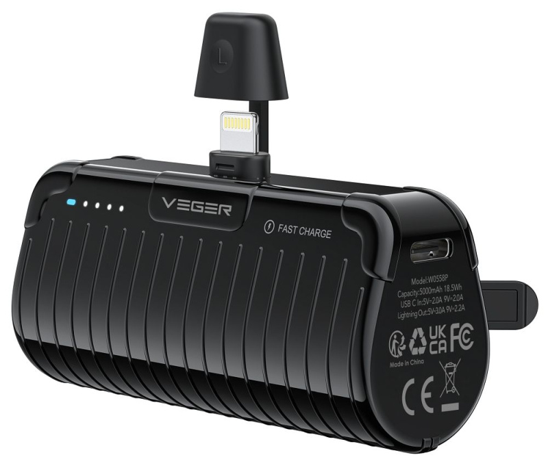 VEGER powerbank 5000 mAh s vestavěným konektorem Lightning PlugOn PD QC3.0 2,4A 20W W0558P černá