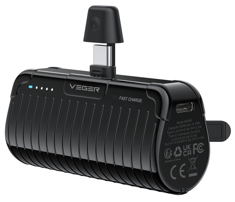 VEGER powerbank 5 000 mAh s vestavěným konektorem Typ C PlugOn PD QC3.0 3A 20W W0558 černá