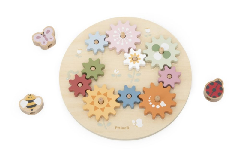 Dřevěné převodové puzzle PolarB Viga – pastelová ozubená kolečka Montessori