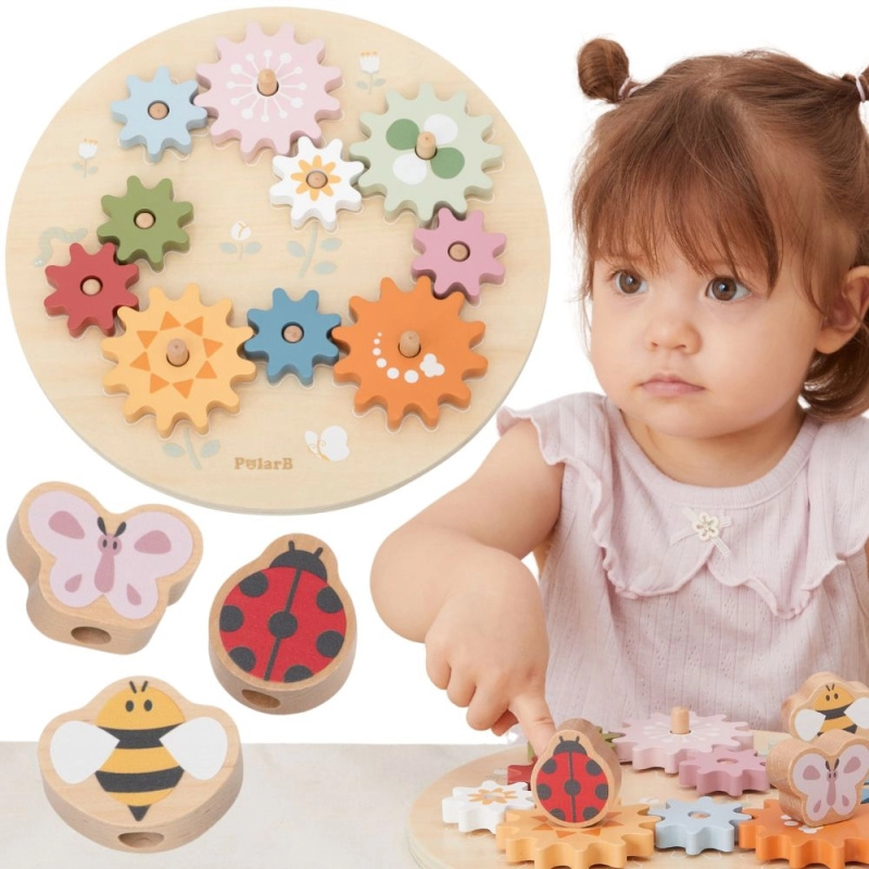 Dřevěné převodové puzzle PolarB Viga – pastelová ozubená kolečka Montessori