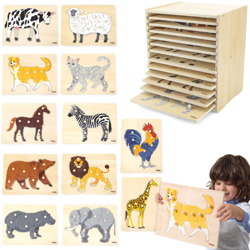 Sada dřevěných puzzlí se zvířátky Montessori se stojanem