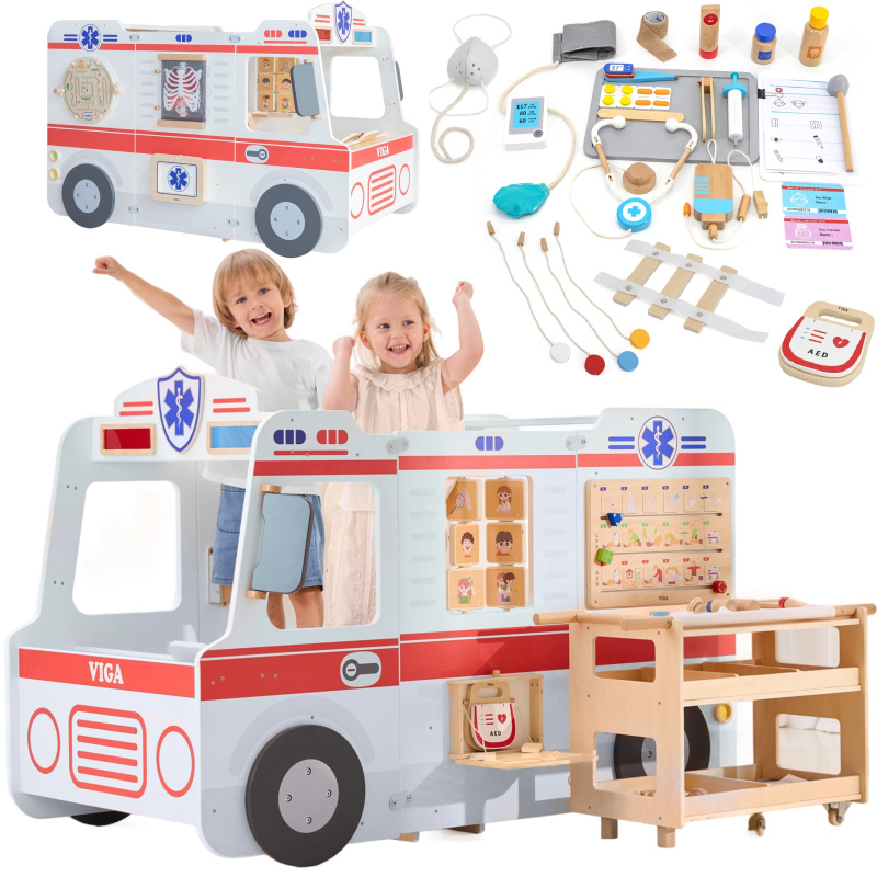 Viga velká dřevěná sanitka souprava pro malé záchranáře 25 dílů
