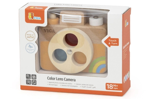 Dřevěný fotoaparát s barevným objektivem pro děti