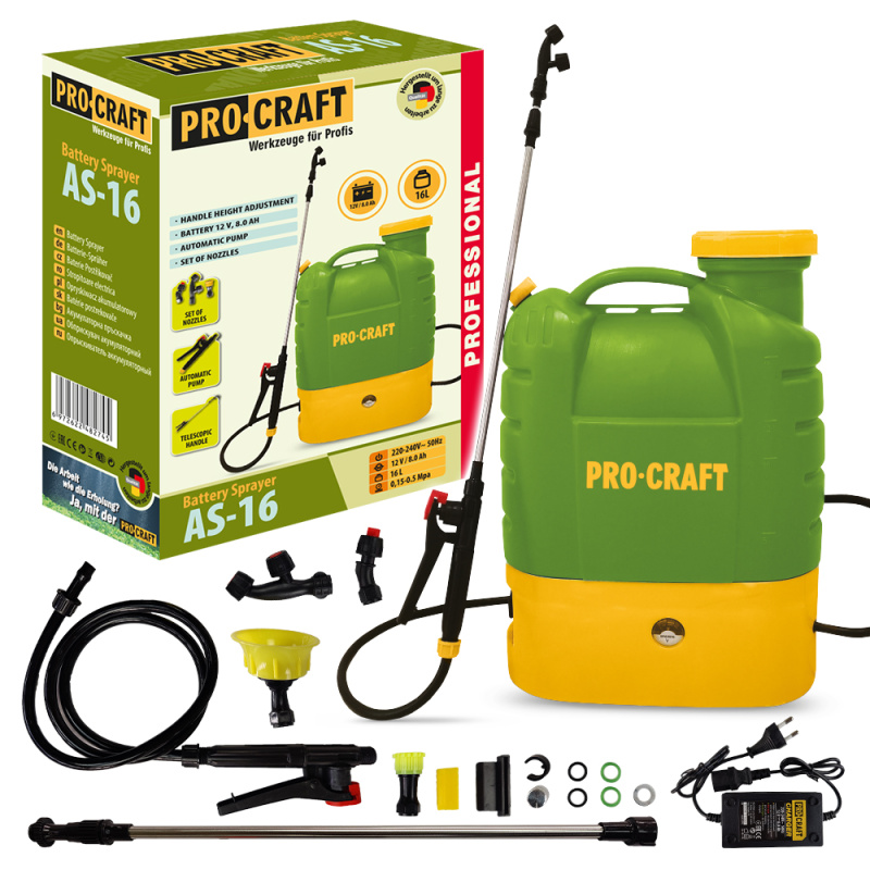 Procraft AS-16 16V - akumulátorový postřikovač (s 8,0 Ah akumulátorem a nabíječkou)