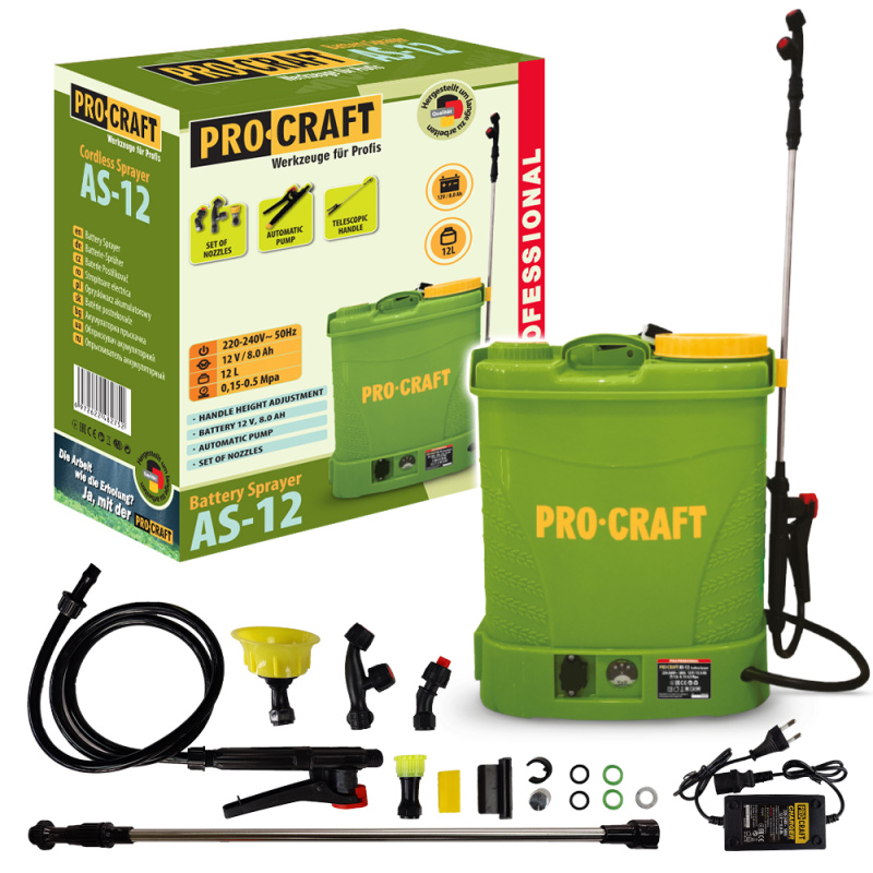 Procraft AS-12 12V - akumulátorový postřikovač (s 8,0 Ah akumulátorem a nabíječkou)