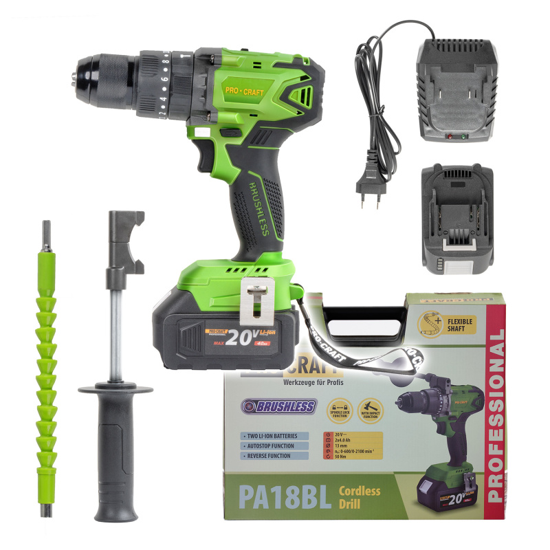 Procraft PA18BL 20V - akumulátorový vrtací šroubovák s příklepem (s 4,0 Ah akumulátorem a nabíječkou)