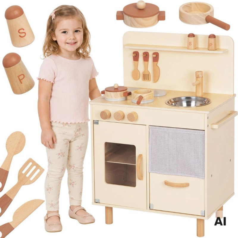 Dřevěná dětská kuchyňka béžová s příslušenstvím tooky toy