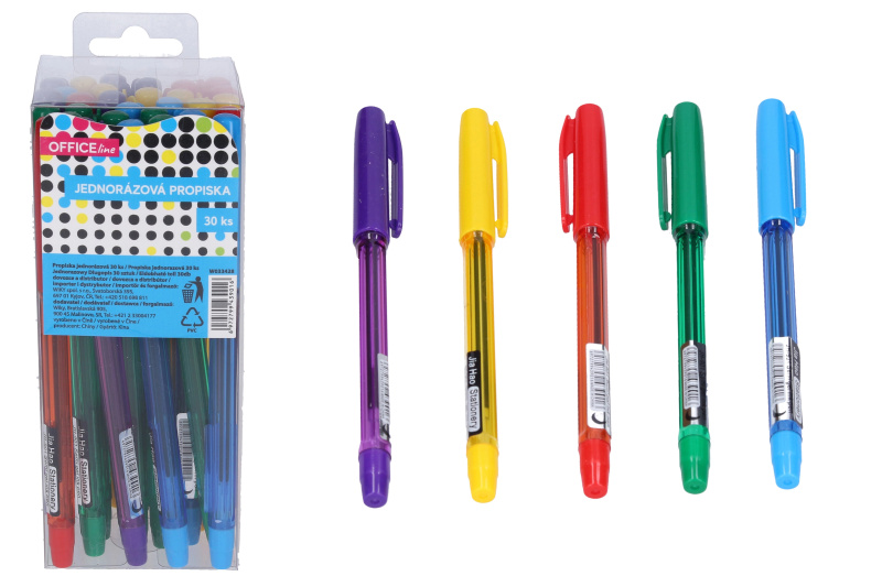 Jednorázová propiska s modrou náplní, 30 ks v boxu