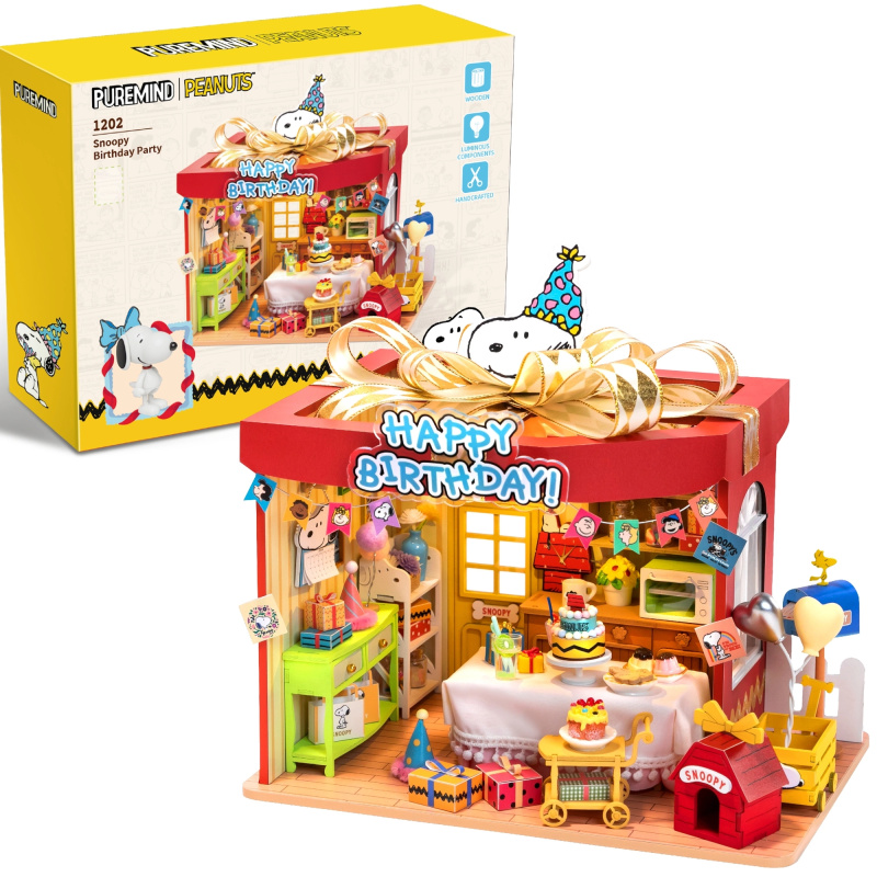 Puremind dřevěný 3D puzzle model Peanuts Birthday Party SNOOPY s LED