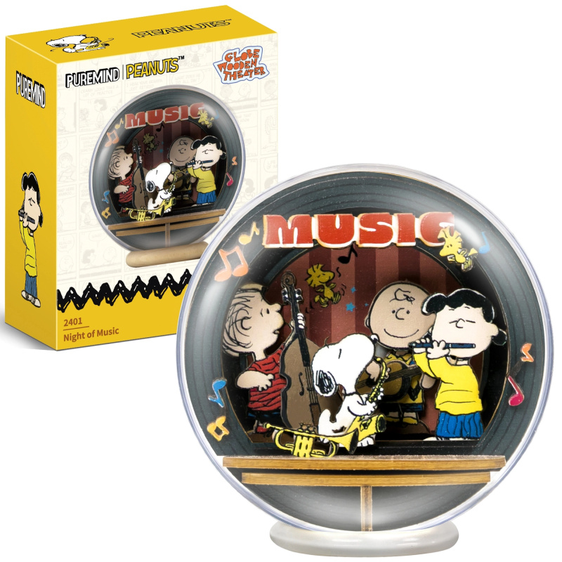 Puremind dřevěný 3D model SNOOPY PEANUTS v kouli – noční koncert DIY puzzle