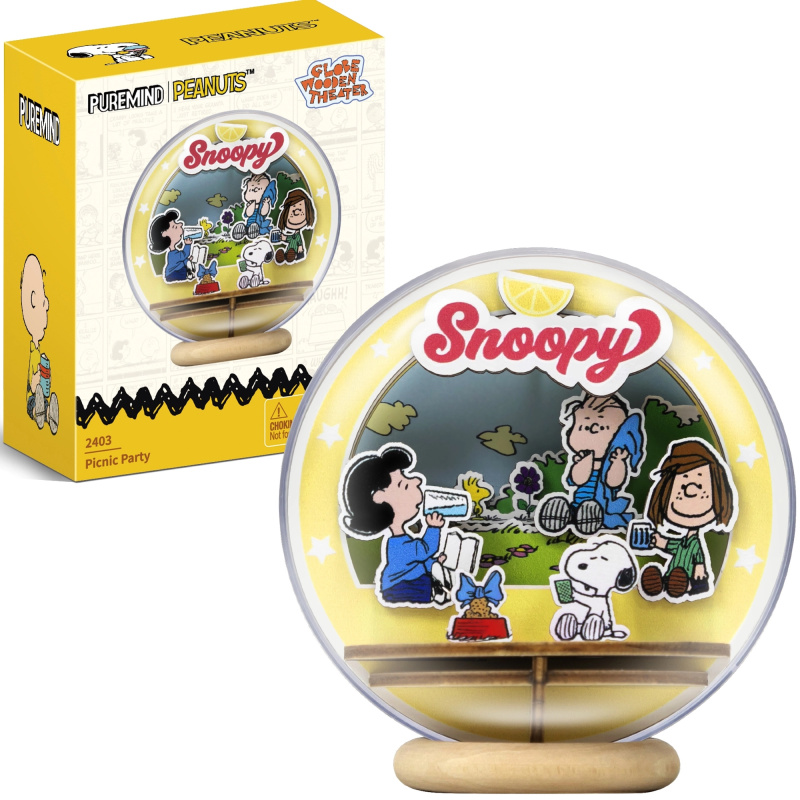 Puremind dřevěný 3D model SNOOPY PEANUTS – piknik v parku v průhledné kouli