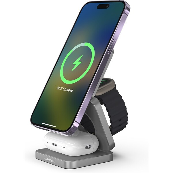 Cubenest S312 Pro 3v1 MagSafe bezdrátová nabíječka šedá