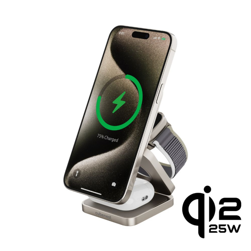 Cubenest SQ312 Fold Pro Qi2 (MagSafe) 3v1 magnetická nabíječka titanová