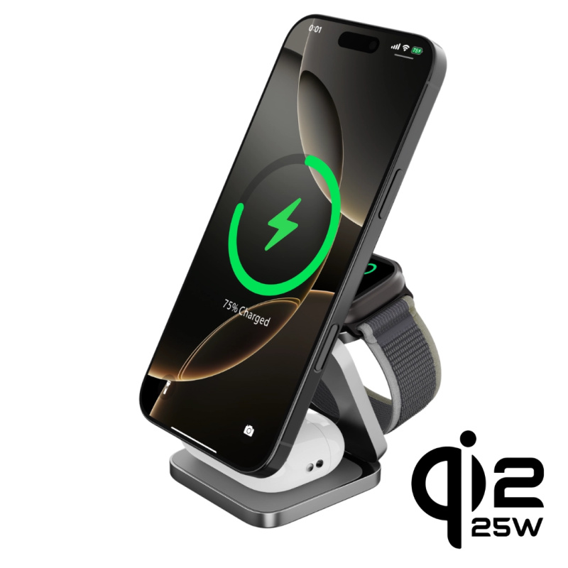 Cubenest SQ312 Ultra Qi2.2 (MagSafe) 3v1 magnetická nabíječka (35W) šedá
