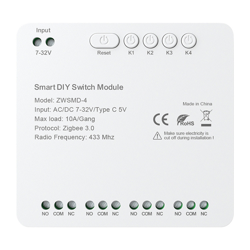4kanálový spínací modul ZigBee s beznapěťovým kontaktem DC 32V Avatto ZWSMMD-4-32V