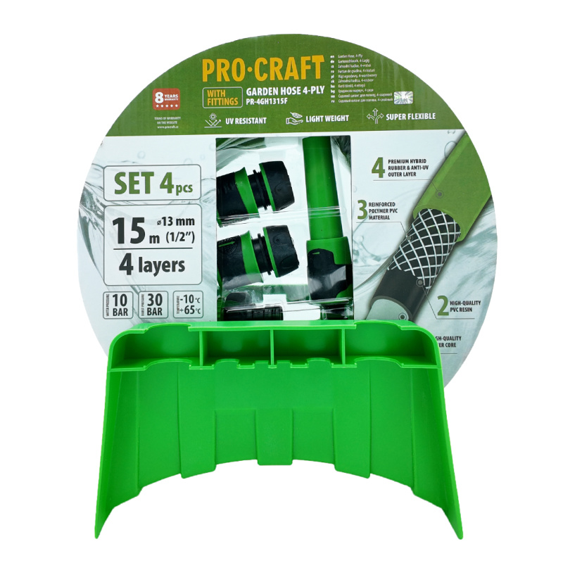 Procraft PR-4GH1315F - zelená zahradní hadice,, 4 vrstvy, 1/2", 15m, s příslušenstvím