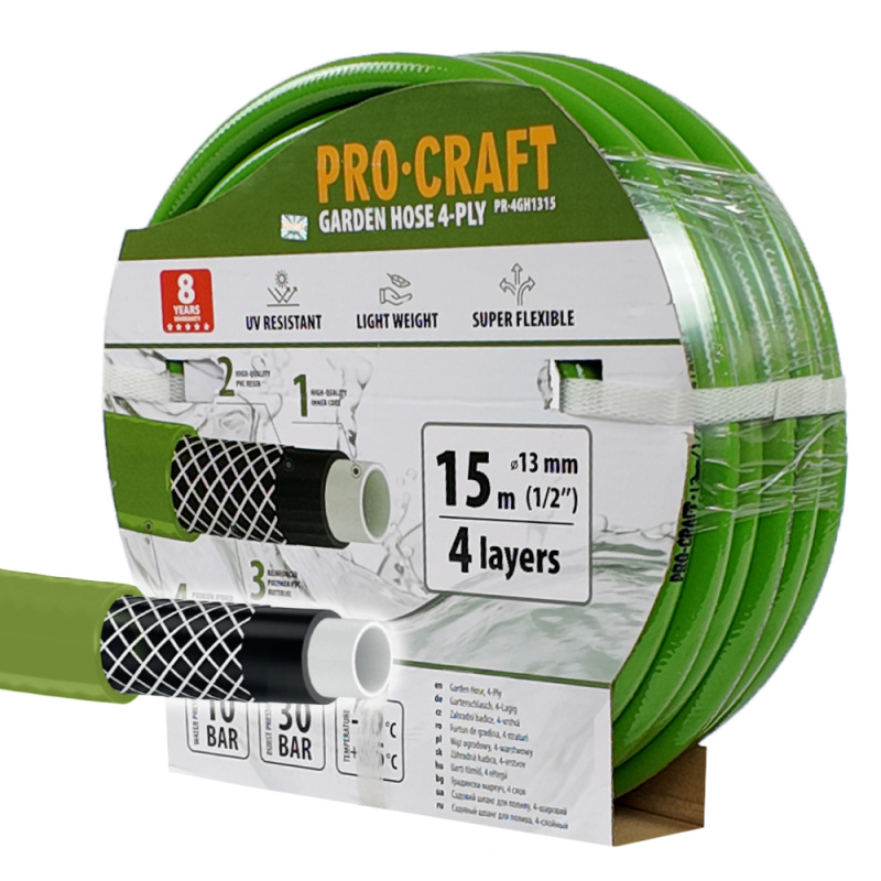 Procraft PR-4GH1315- zelená zahradní hadice, 4 vrstvy, 1/2", 15m