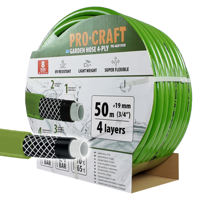 Procraft PR-4GH1950 - zelená zahradní hadice, 4 vrstvy, 3/4", 50m