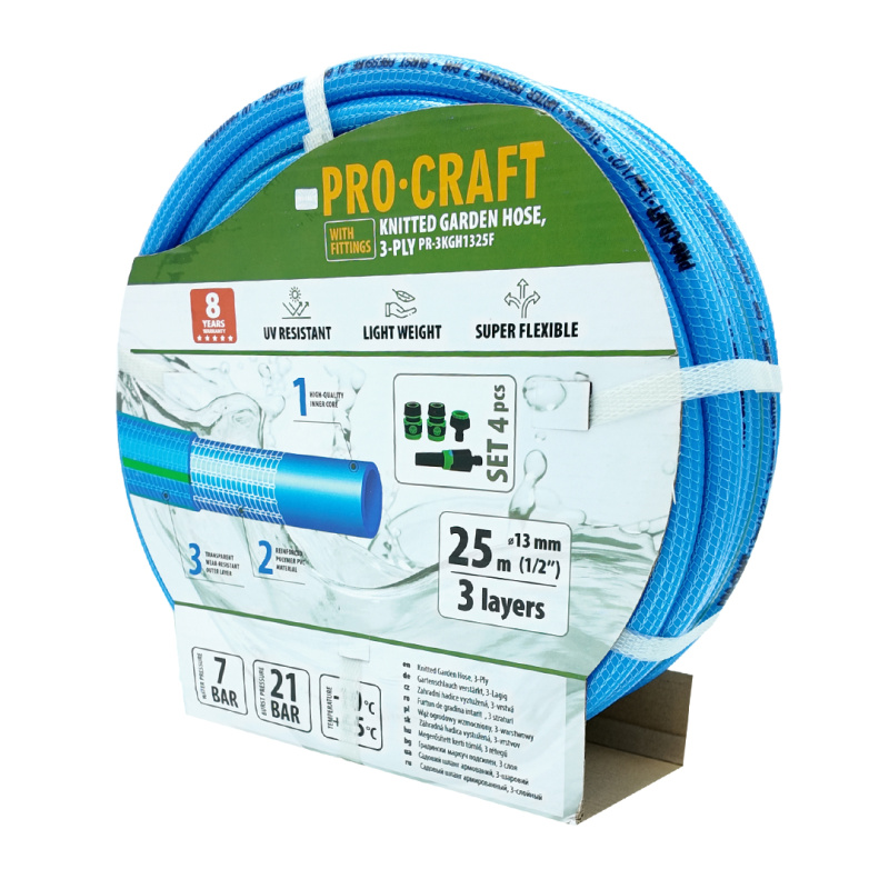 Procraft PR-3KGH1325F - modrá zahradní hadice, 3-vrstvá, 1/2", 25m, s příslušenstvím