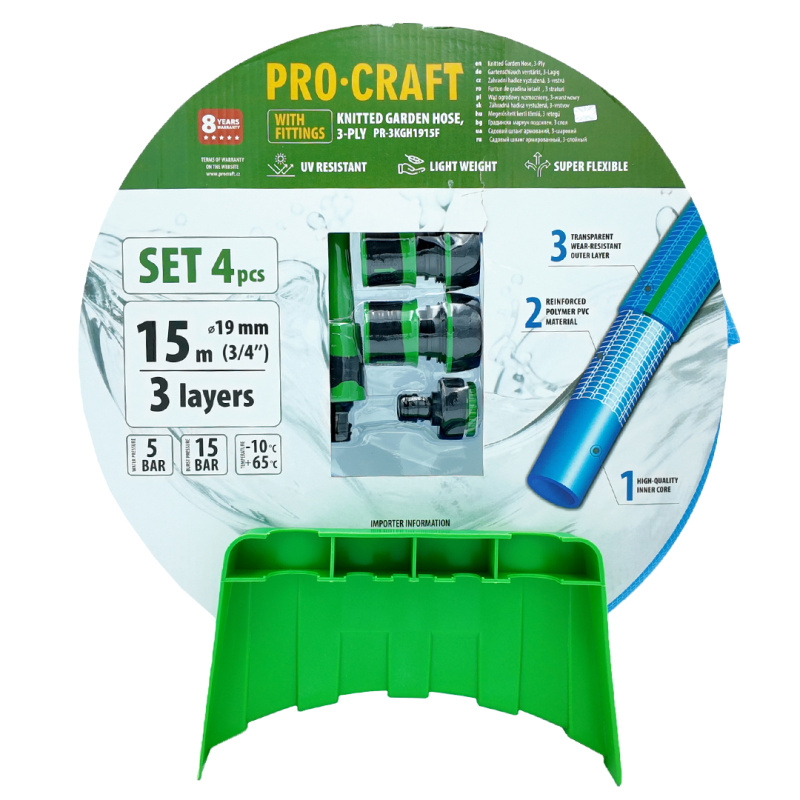 Procraft PR-3KGH1915F - modrá zahradní hadice, 3-vrstvá, 3/4", 15m, s příslušenstvím