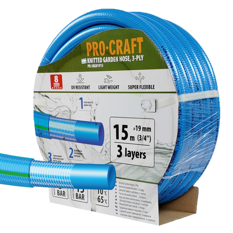 Procraft PR-3KGH1915 - modrá zahradní hadice, 3 vrstvy, 3/4", 15m