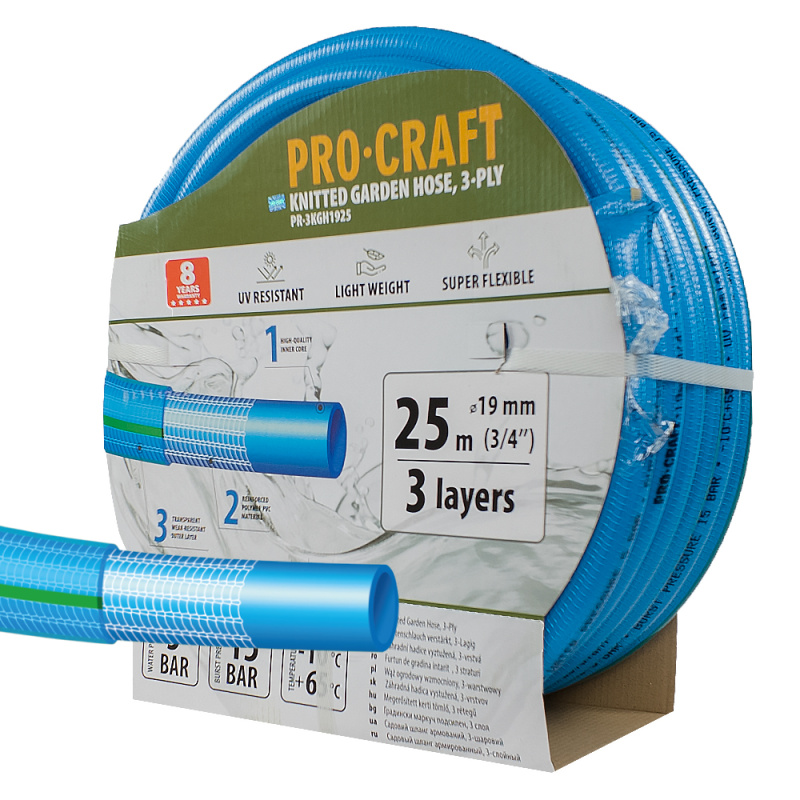 Procraft PR-3KGH1925 - modrá zahradní hadice, 3 vrstvy, 3/4", 25m