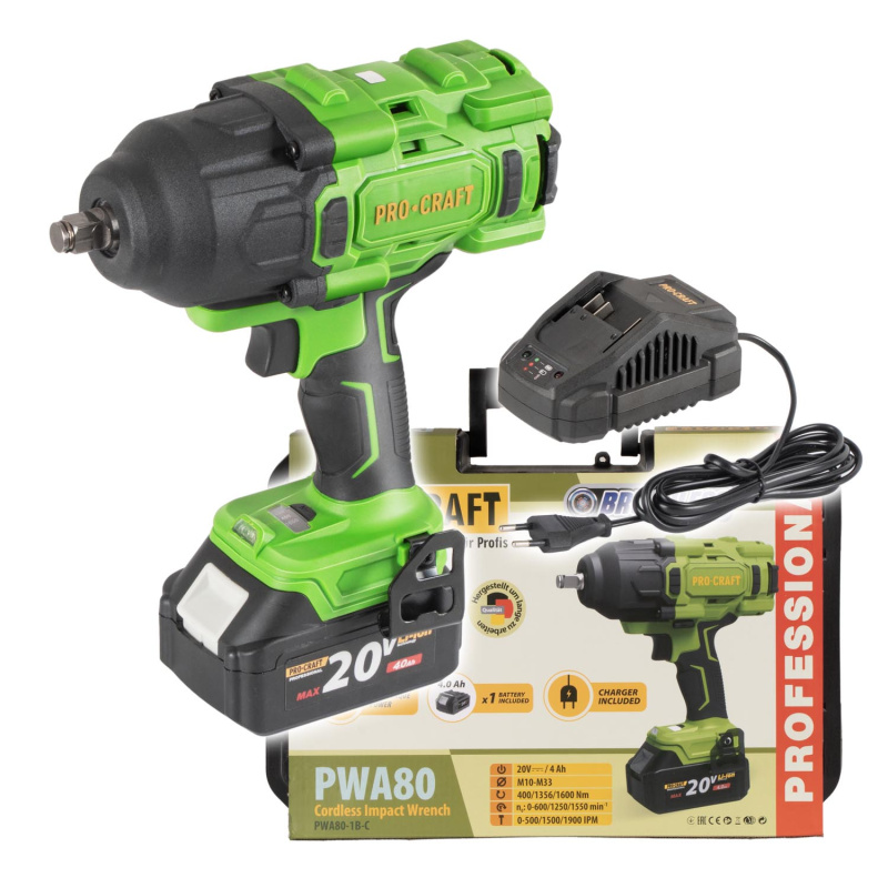 Procraft PWA80 1b 20V - akumulátorový rázový utahovák (s 4,0 Ah akumulátorem a nabíječkou)