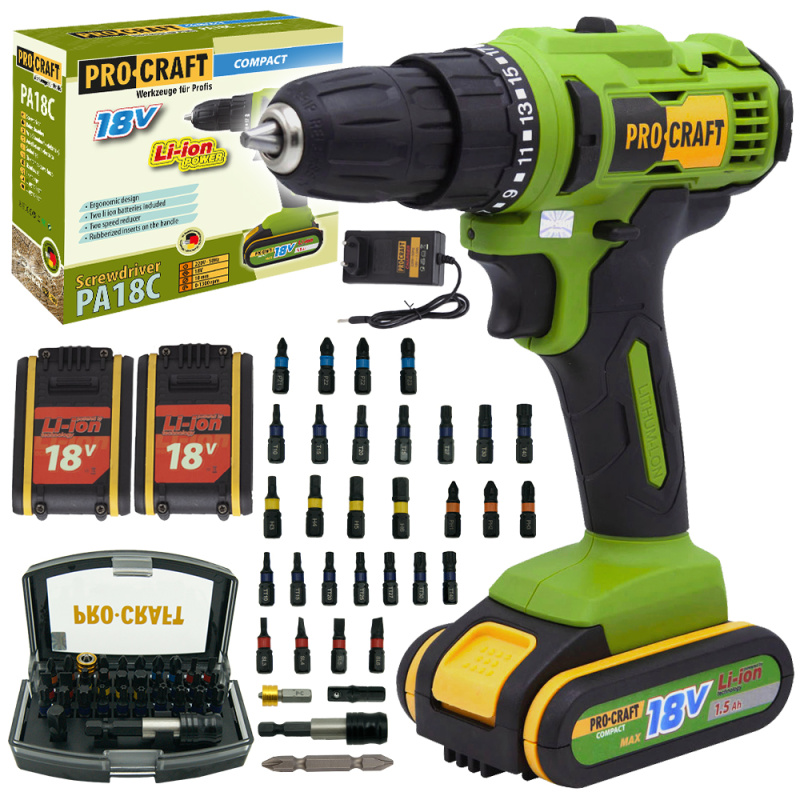 Procraft SPA18С 18V - akumulátorový vrtací šroubovák se sadou bitů BS-32 (včetně 2x 1,5 Ah akumulátoru a nabíječky)