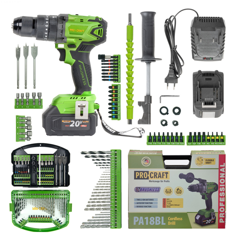 Procraft SPA18BL Brushless 20V - akumulátorový vrtací šroubovák s příklepem a bity DBS-101 (s 2x 4,0 Ah akumulátory a nabíječkou)