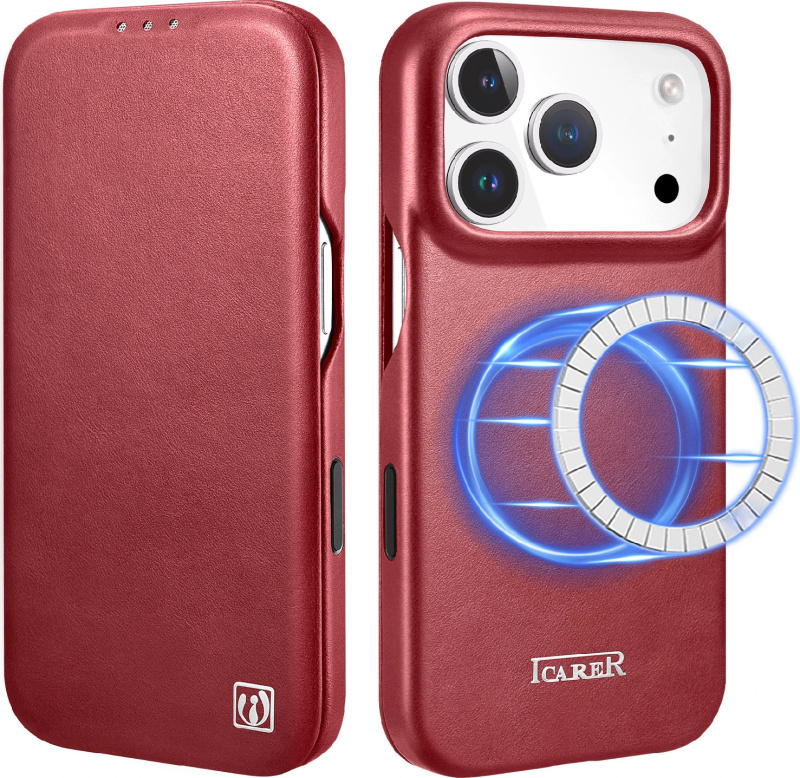 iCarer Knížkové pouzdro na iPhone 17 Pro - iCarer, Oil Wax Real Leather MagSafe Red