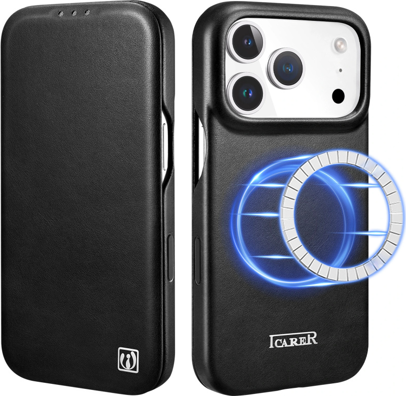 iCarer Knížkové pouzdro na iPhone 17 Pro MAX - iCarer, Oil Wax Real Leather MagSafe Black