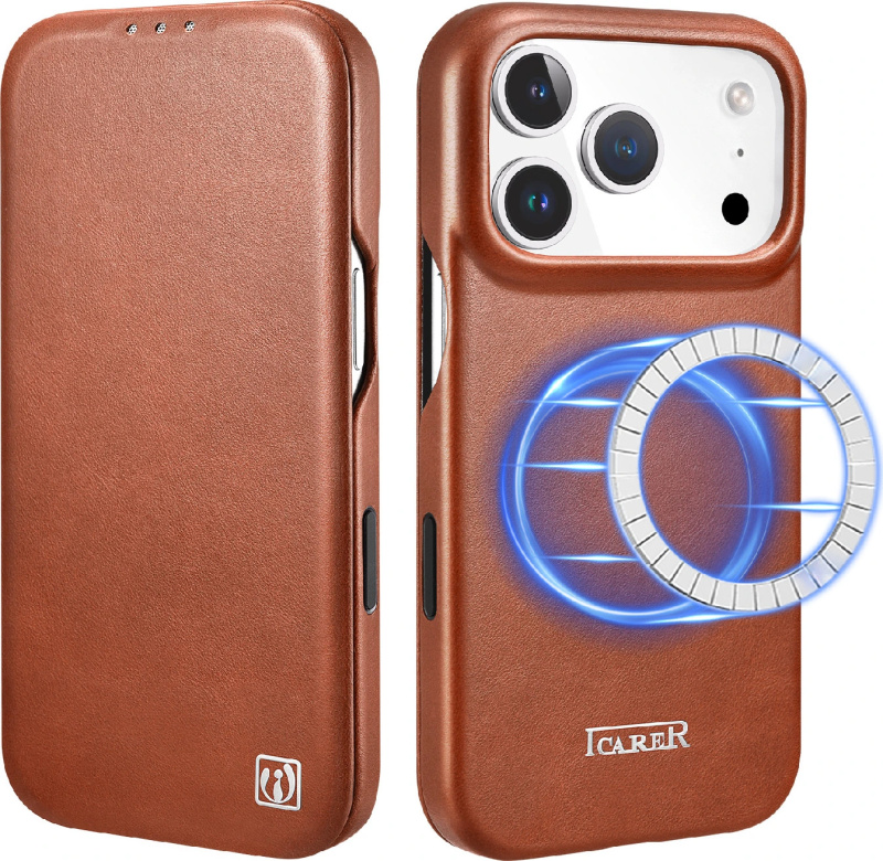 iCarer Knížkové pouzdro na iPhone 17 Pro MAX - iCarer, Oil Wax Real Leather MagSafe Brown