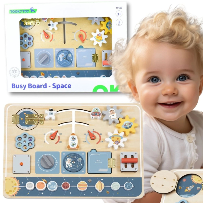 Tooky Toy dřevěná montessori tabule astronaut a vesmírná raketa
