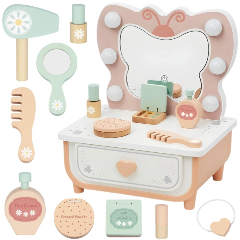 dřevěná toaletka s motýlím zrcadlem a světly + kosmetické doplňky TOOKY TOY