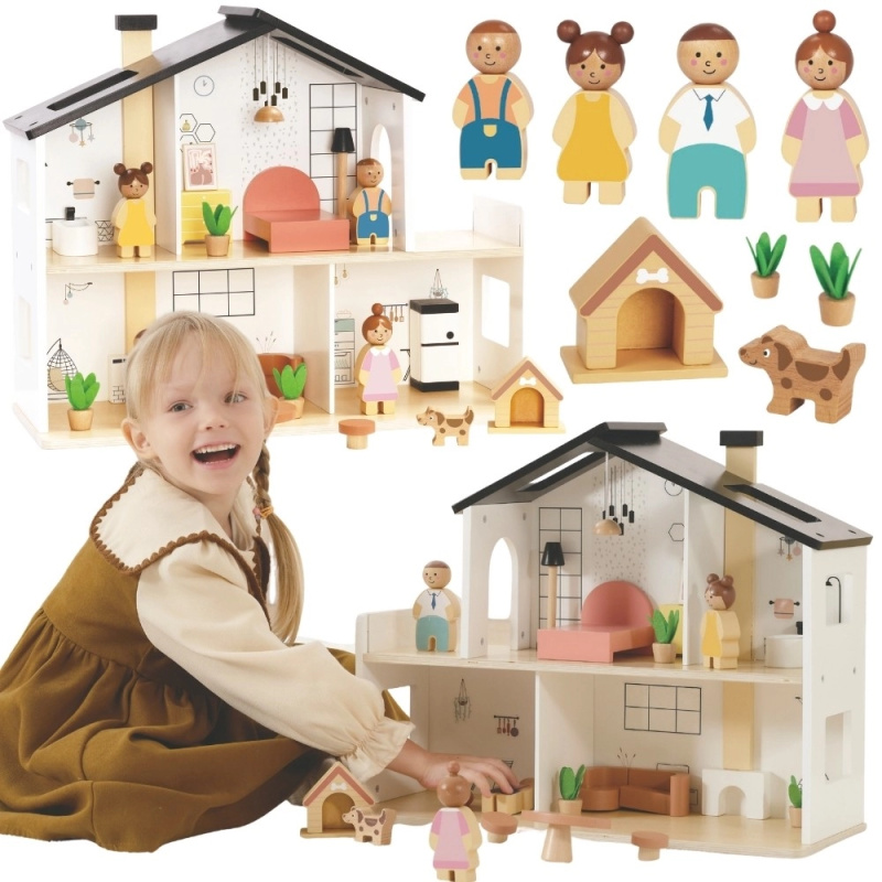Tooky Toy dřevěný domeček pro panenky s příslušenstvím a rodinkou (20 ks)