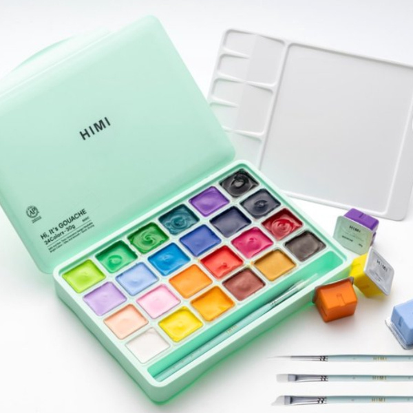 HIMI kvašové barvy - Jelly Cup Gouache Set - 24 Colours + 3 štětce(Green Case Edition) Himi