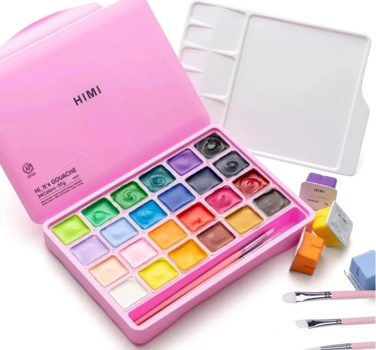 HIMI kvašové barvy - Jelly Cup Gouache Set - 24 Colours + 3 Brushes (Pink Case Edition) Himi