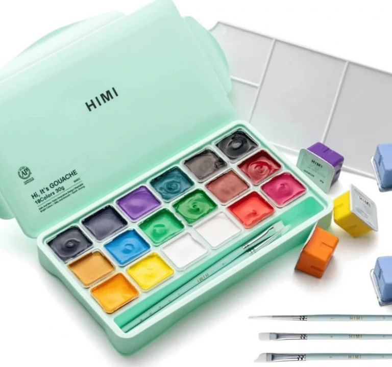 HIMI kvašové barvy - Jelly Cup Gouache Set - 18 Colours + 3 štětce - Green Edition Himi