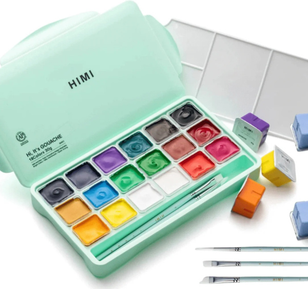 HIMI kvašové barvy - Jelly Cup Gouache Set - 18 Colours + 3 štětce - Green Edition Himi