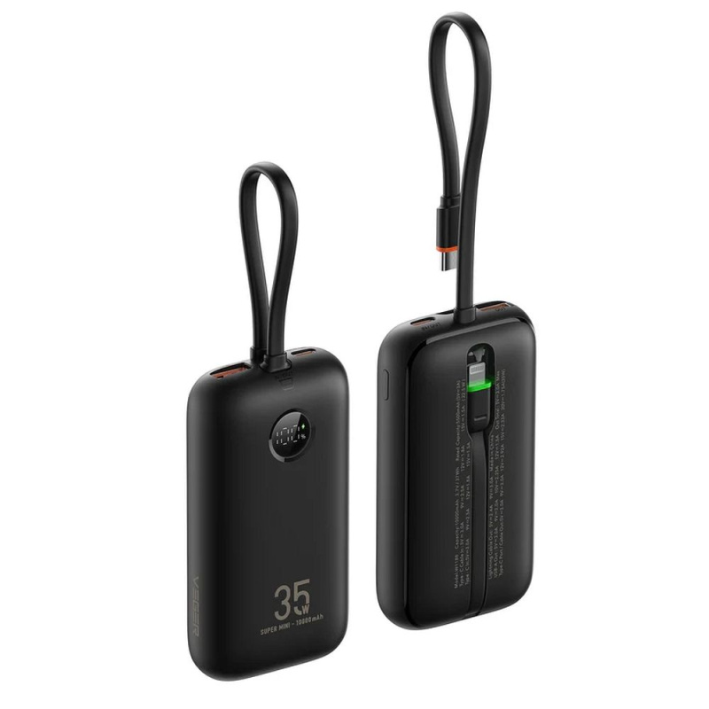 VEGER powerbank 10000 mAh s vestavěnými kabely Typ C / Lightning PD QC3.0 35W K1 (W1188) černá