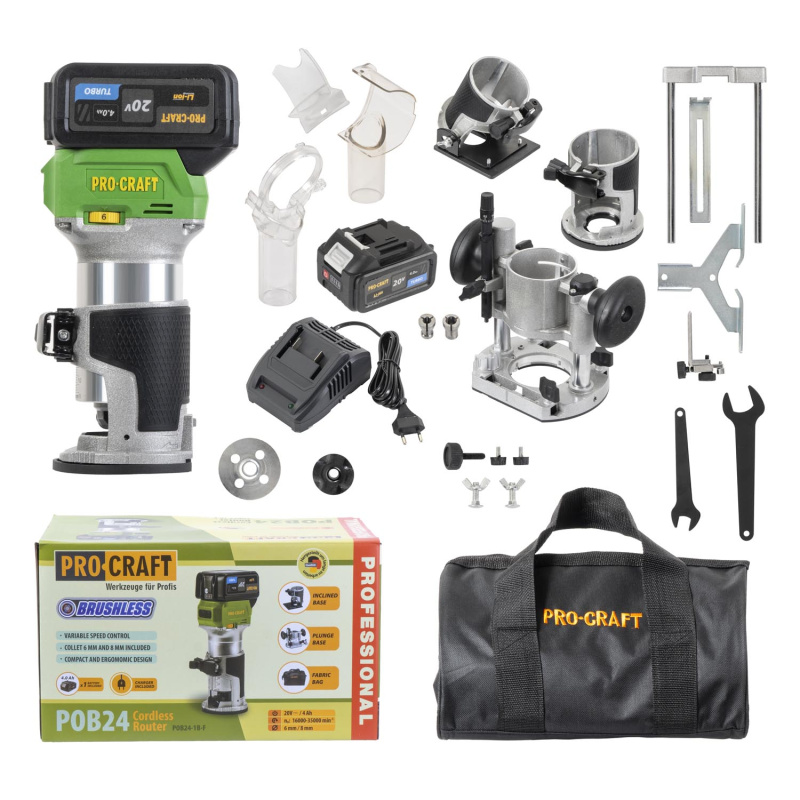 Procraft POB24-1b-f 20V SET - akmulátorová horní frézka s příslušenstvím 3v1 (s 4,0 Ah akumulátorem a nabíječkou)