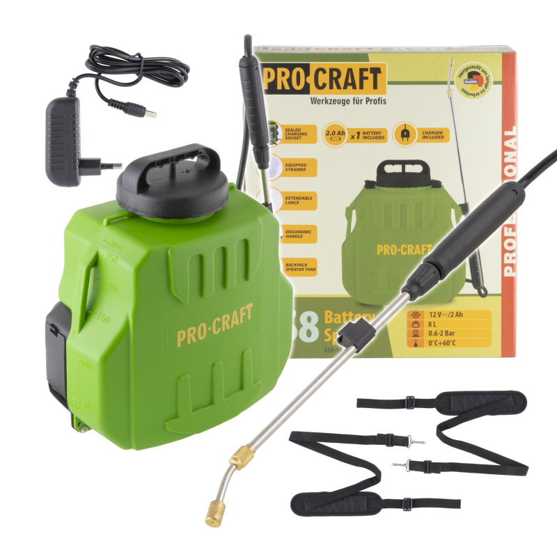 Procraft AS8 12V - akumulátorový postřikovač (s 2,0 Ah akumulátorem a nabíječkou)
