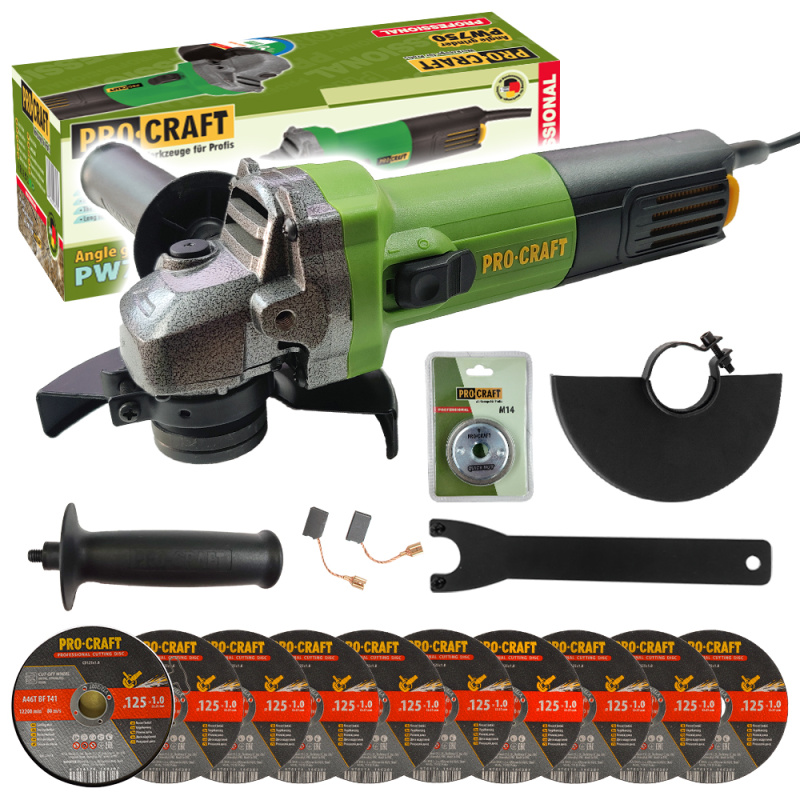 Procraft PW750 - úhlová bruska + rychloupínací matice RM14, 10x řezný kotouč CD125x1.0b v kovovém boxu