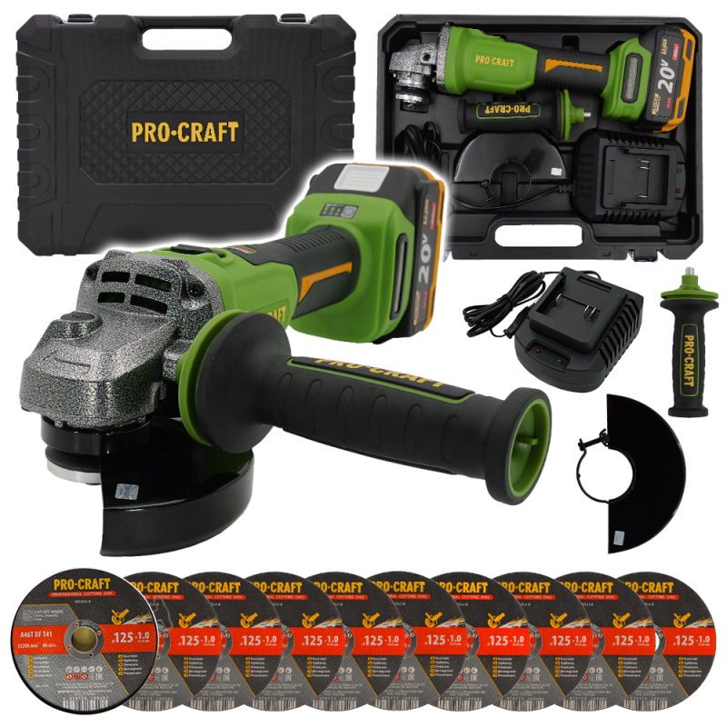 Procraft PWA220 20V - akumulátorová úhlová bruska + 10x řezný kotouč CD125x1.0b v kovovém boxu (s 4,0 Ah akumulátorem a nabíječkou)
