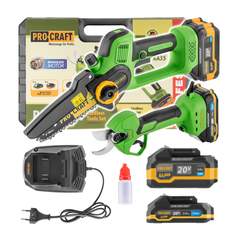 Procraft PKA35Li + ES25Li 20V SET - akumulátorová pilka a nůžky (včetně 2,0 Ah akumulátoru a nabíječky)