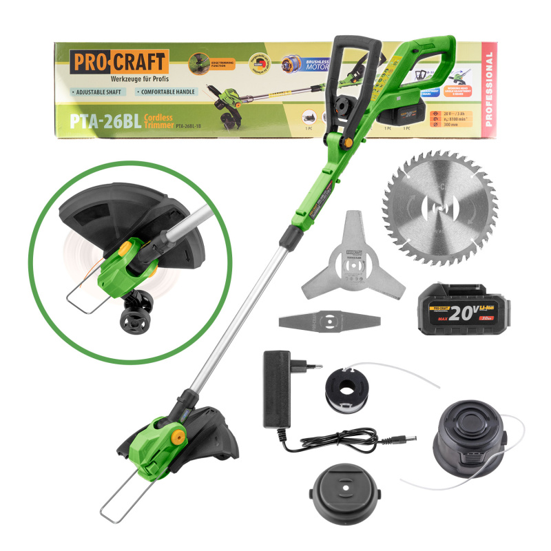 Procraft PTA-26BL 20V SET - akumulátorový vyžínač (s 3 Ah akumulátorem a nabíječkou)