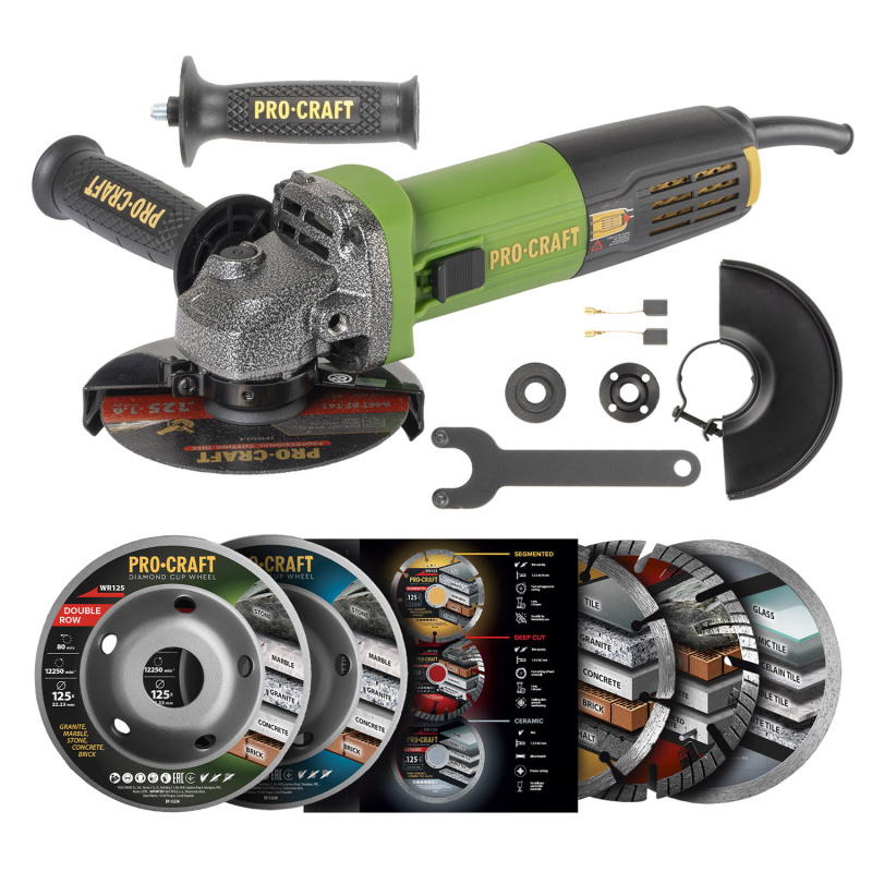 Procraft PW1050 SET - úhlová bruska (s 3x diamantové kotouče DS3.125 + 2x hrncové kotouče)