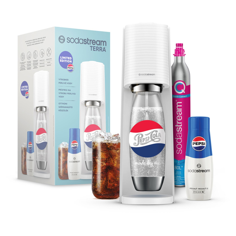 SodaStream TERRA White PEPSI MADE BY ME Megapack Limitovaná edice TERRA PEPSI MADE BY ME  1x,  Výrobník perlivé vody TERRA bílý,  1x,  Bombička s CO2
