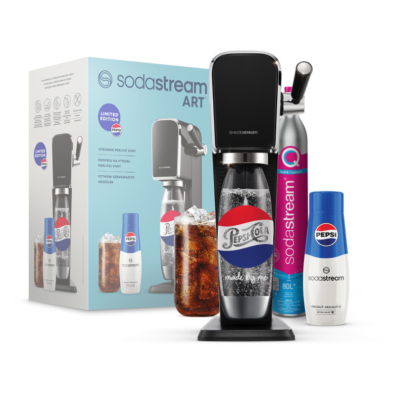 SodaStream ART Black PEPSI MADE BY ME Megapack Limitovaná edice ART PEPSI MADE BY ME  1x,  Výrobník perlivé vody ART černý,  1x,  Bombička s CO2