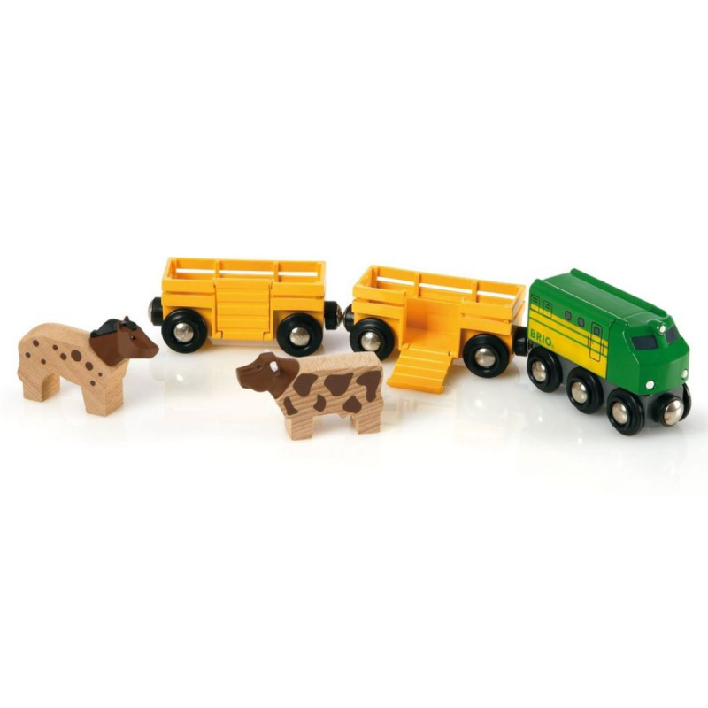 Brio 33404 Zemědělský vlak pro přepravu zvířat se 2 vagónky, krávou, koněm